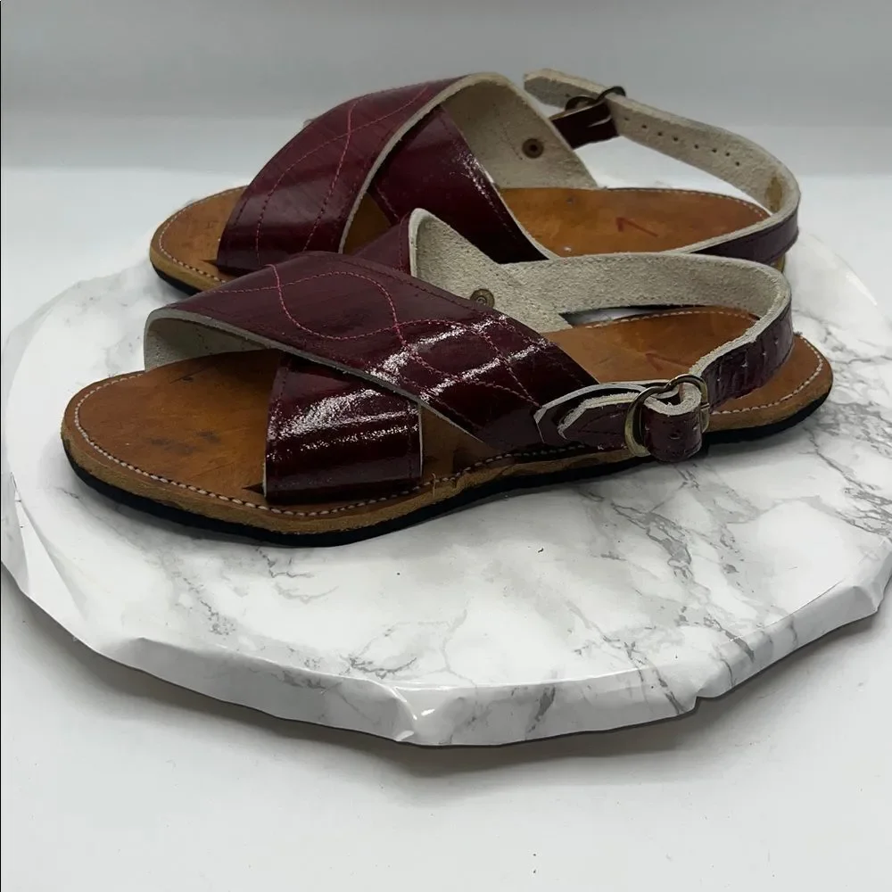 MEXICAN HANDCRAFTED Maroon Patent Leather Cruzado Huaraches Sandals-7